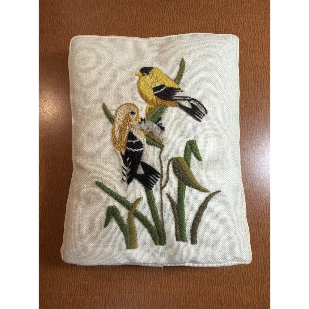 Vintage Gold Finches Crewel Embroidery Needlework Pillow 9" By 7"
